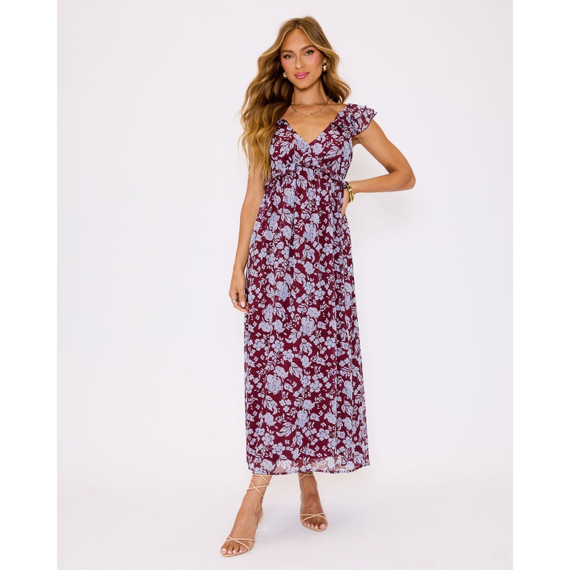 Enchanting Floral Ruffle Maxi Dress Burgundy/Blue Floral XS
