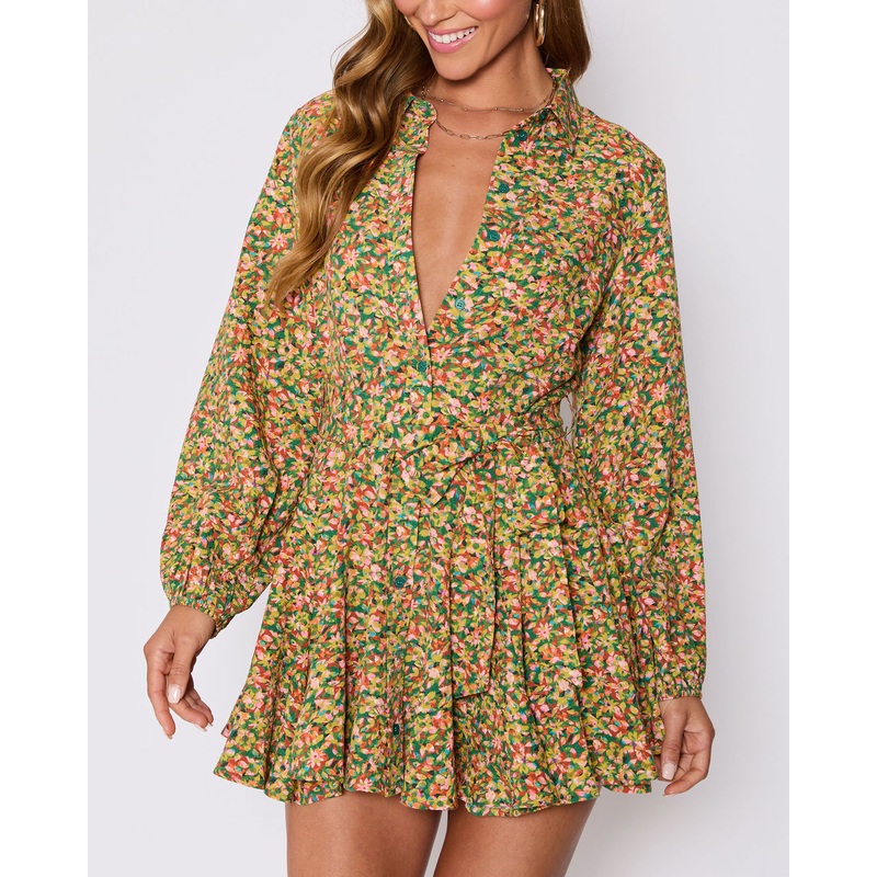 Fiona Floral Button Down Mini Dress GREEN/PINK MULTI XS