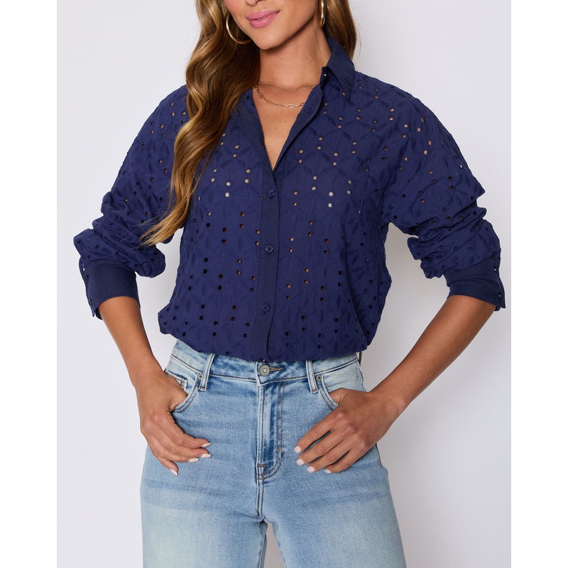 Garden Stroll Eyelet Floral Button Down Top Navy XS