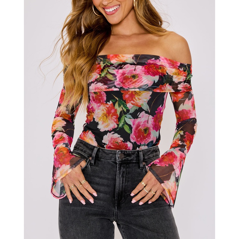 Nikki Off The Shoulder Mesh Top Black Floral XS