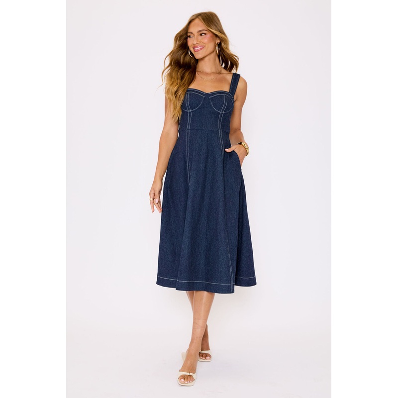 Rey Denim Midi Dress Dark Wash XS