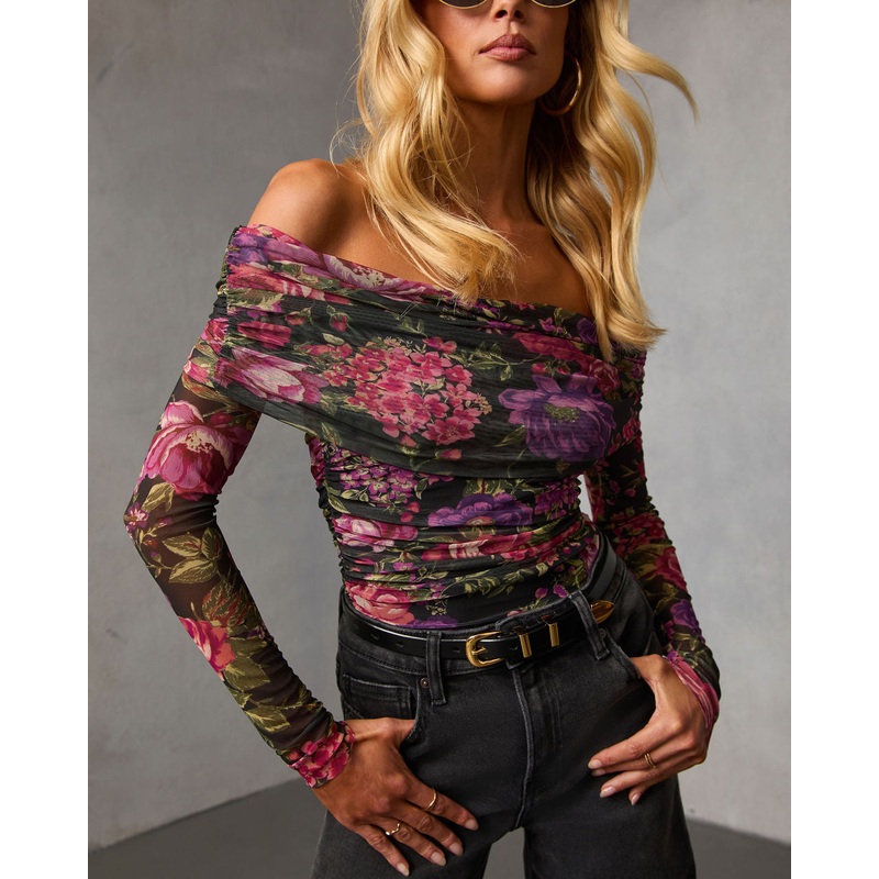 Ashara Printed Off The Shoulder Top Black Floral XS