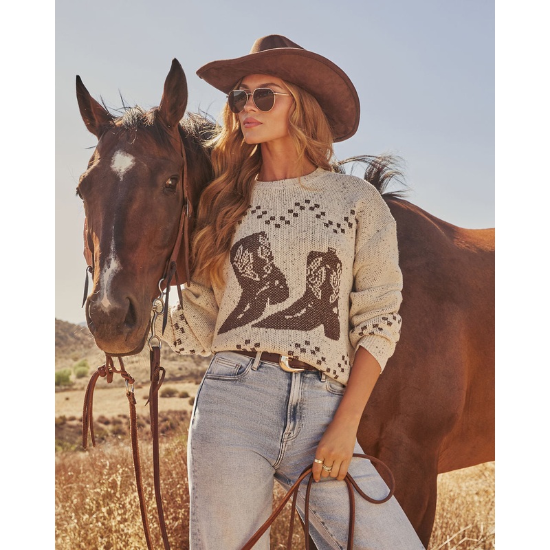 Canyon Prairie Cowboy Boot Motif Sweater Heather Brown S