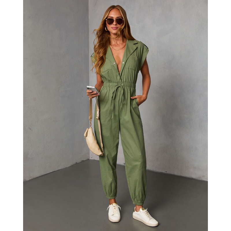 Dalena Short Sleeve Tie Waist Jumpsuit Olive XS