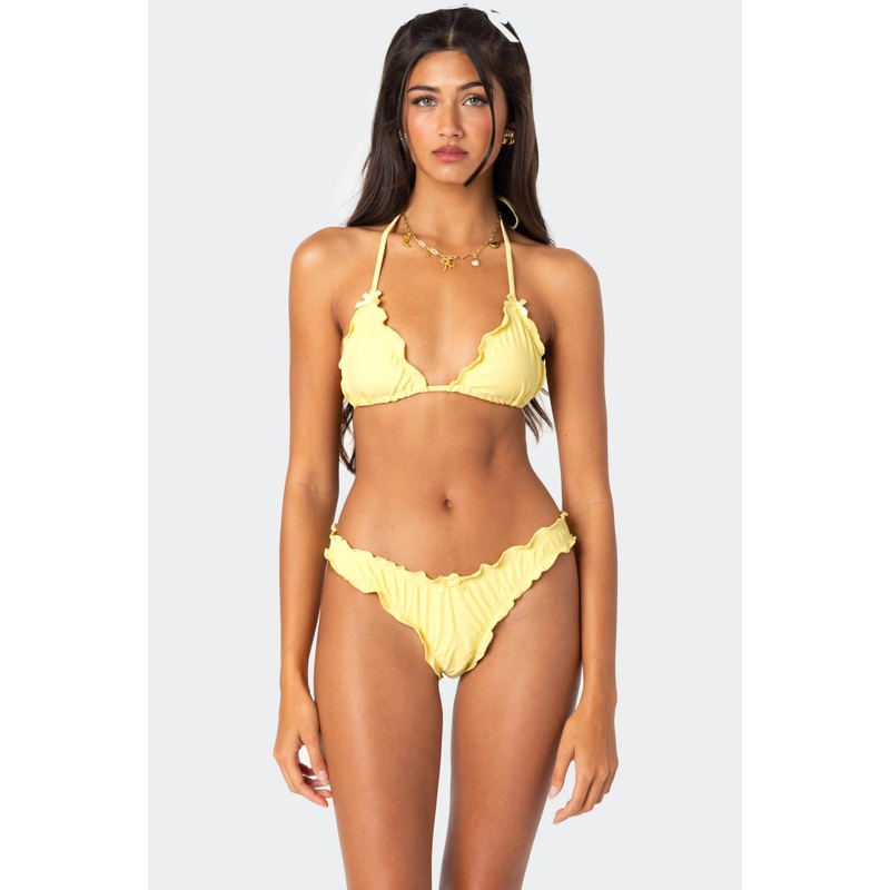 Golden Ruffle Edge Triangle Bikini Top YELLOW XS