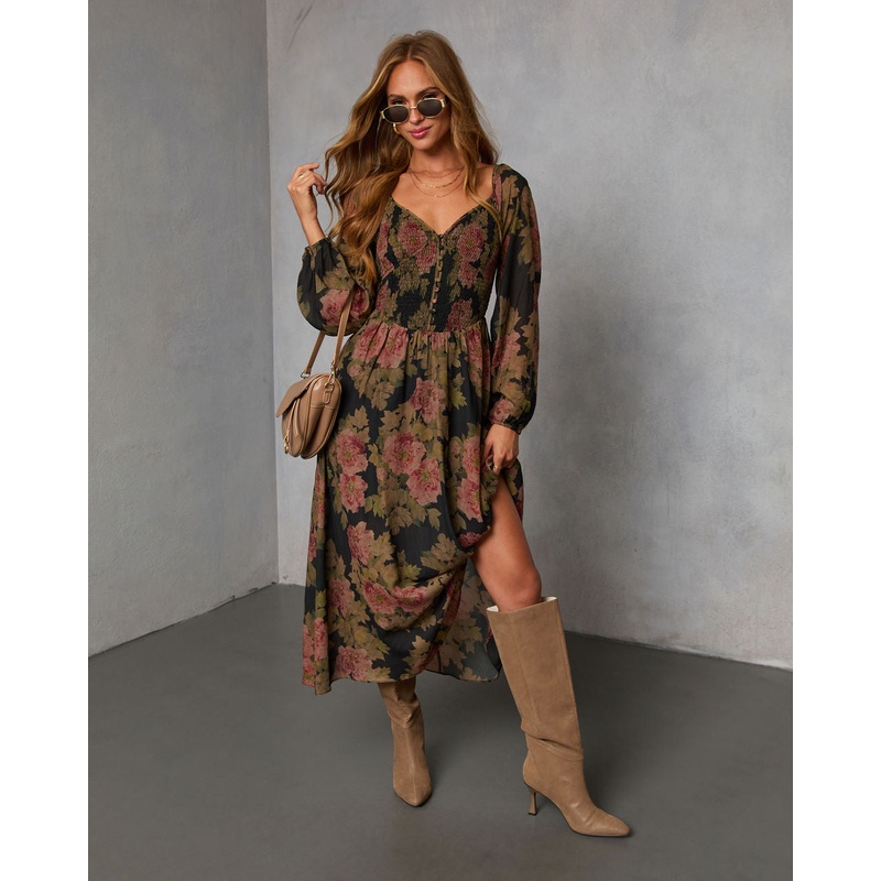 Mekia Printed Smocked Maxi Dress Black Floral XS