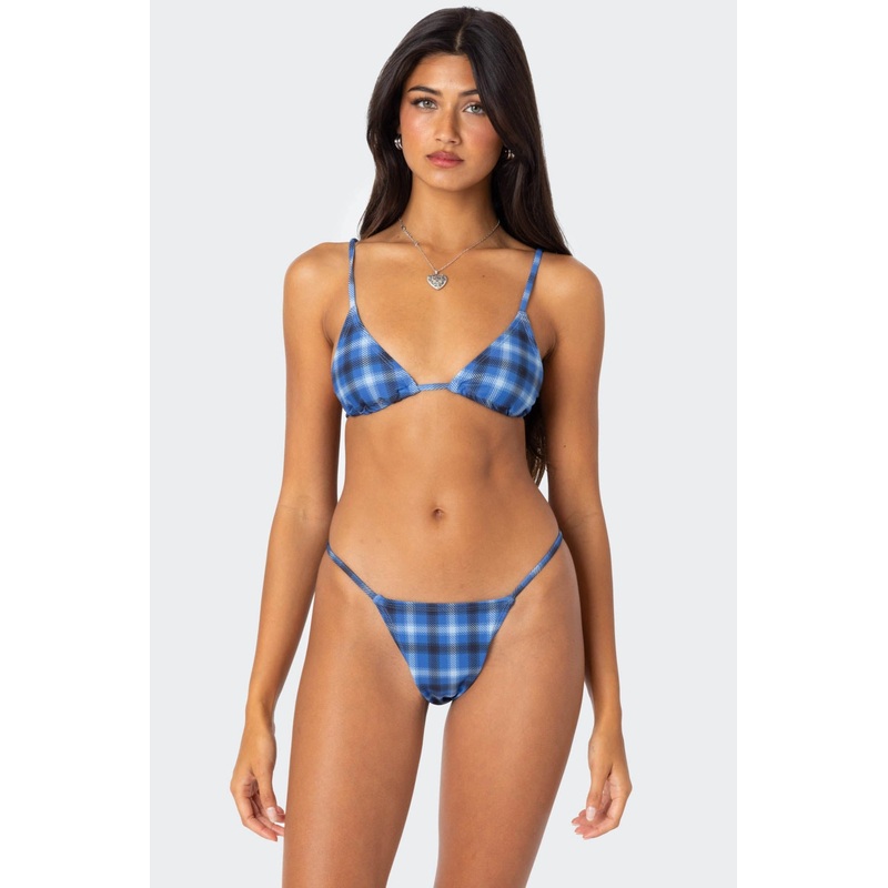 Preppy Plaid Triangle Bikini Top BLUE XS