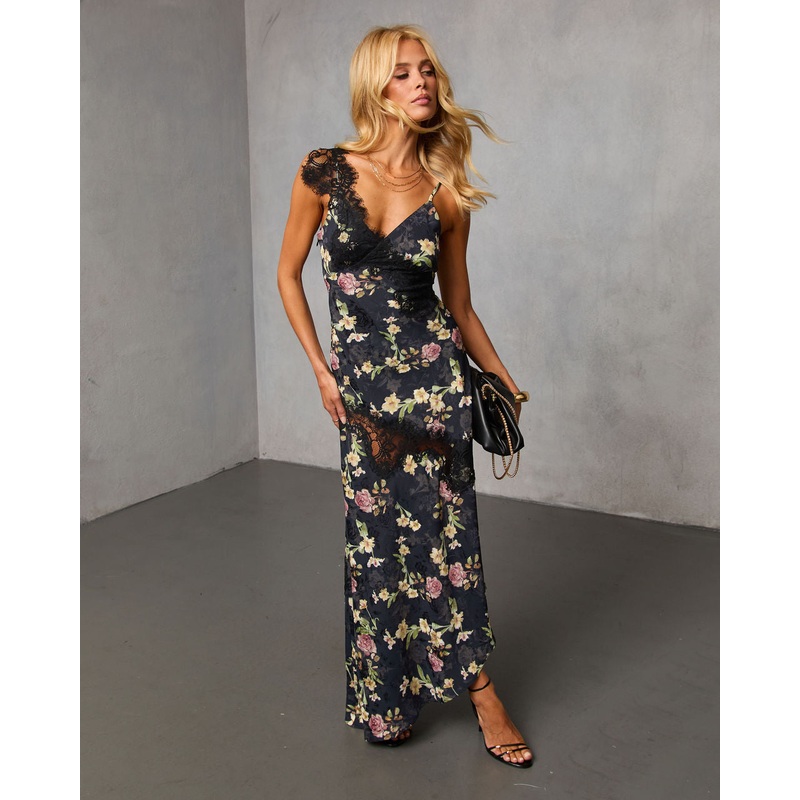 Rominah Printed Asymmetric Lace Trim Maxi Dress Black Floral XS