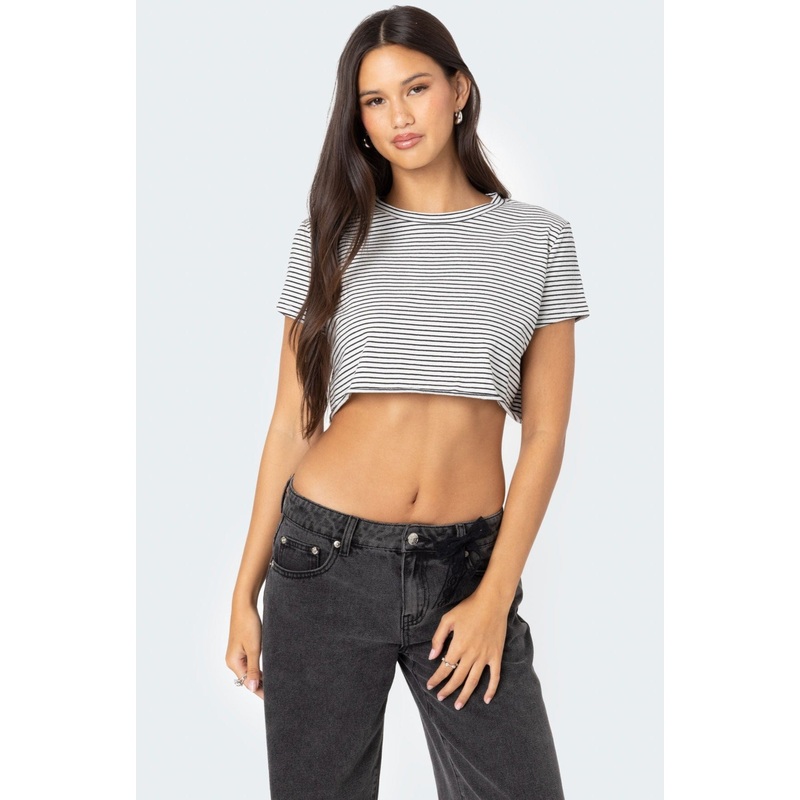 Stripey Cropped T Shirt WHITE AND BLACK XS