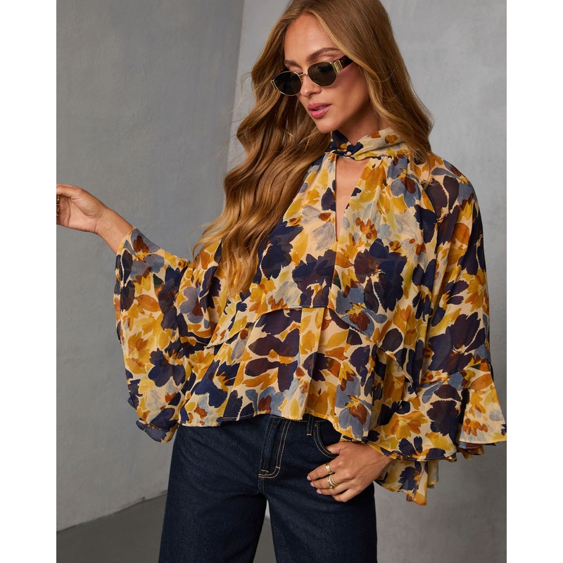 Wildflower Whimsy Printed Mock Neck Top Yellow XS