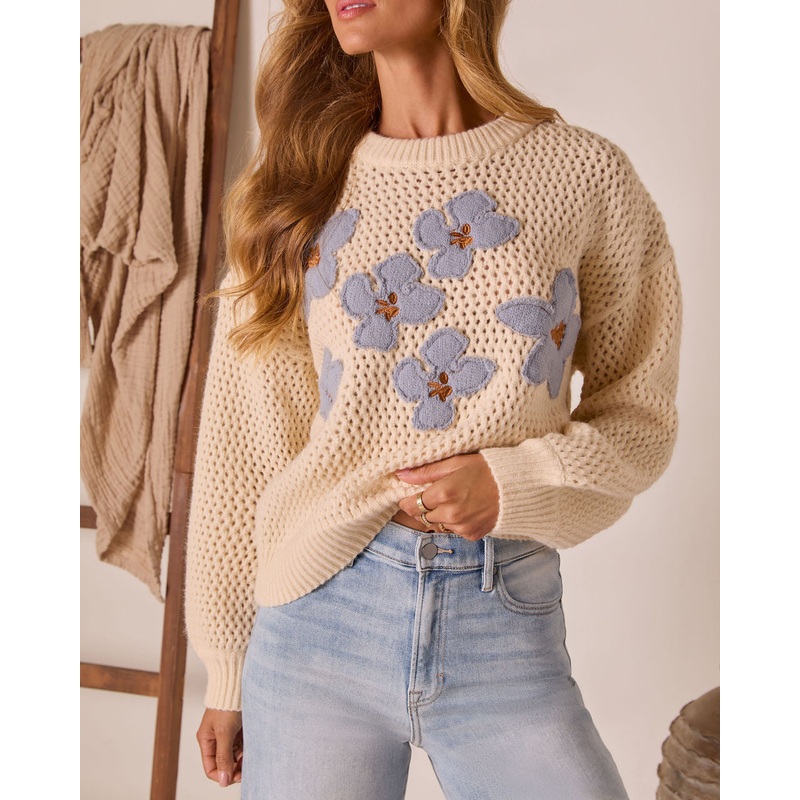 Briaria Embroidered Floral Crochet Sweater Cream Multi S