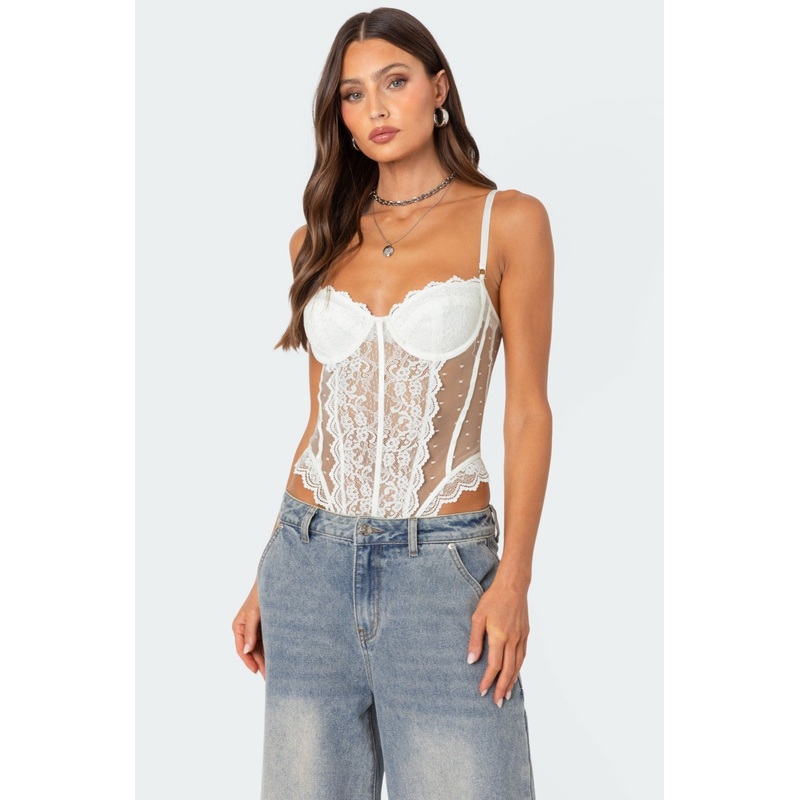 Cabaret Lacey Sheer Mesh Bodysuit WHITE XS