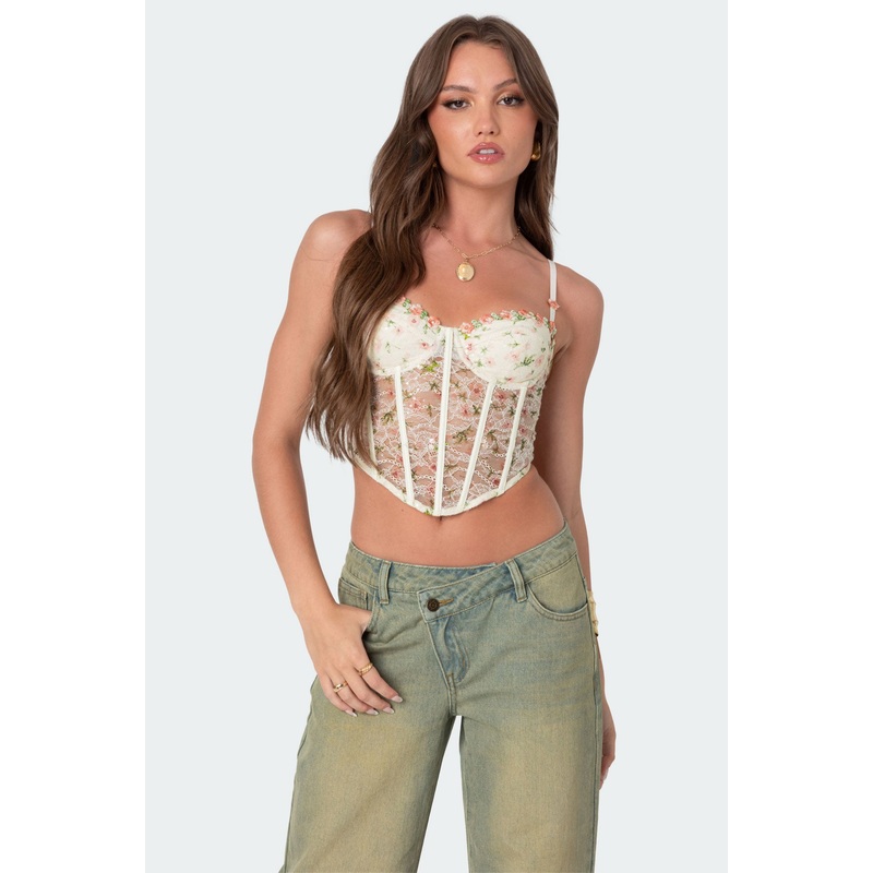 Embroidered Sheer Lace Corset CREAM XS