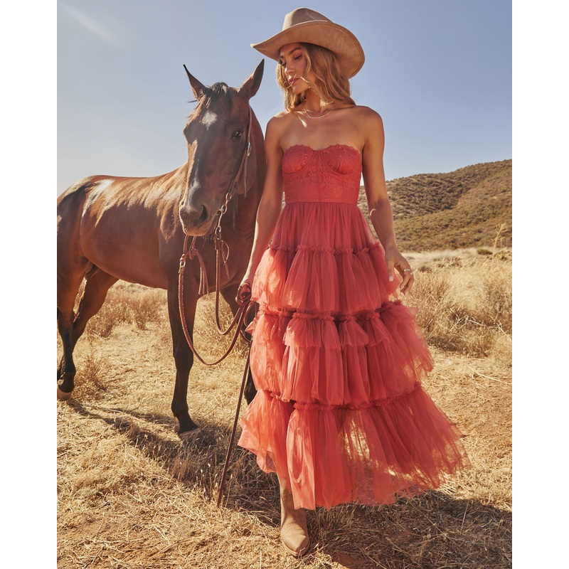 Novara Strapless Tiered Tulle Maxi Dress Sienna XS