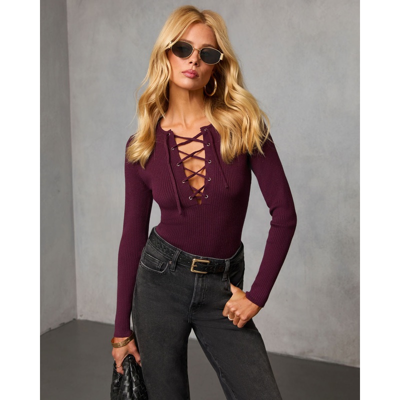 Savenia Lace Up Front Tie Top Plum XS