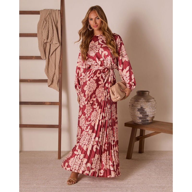 Veronia Printed Wrap Tie Maxi Dress Burgundy Print S