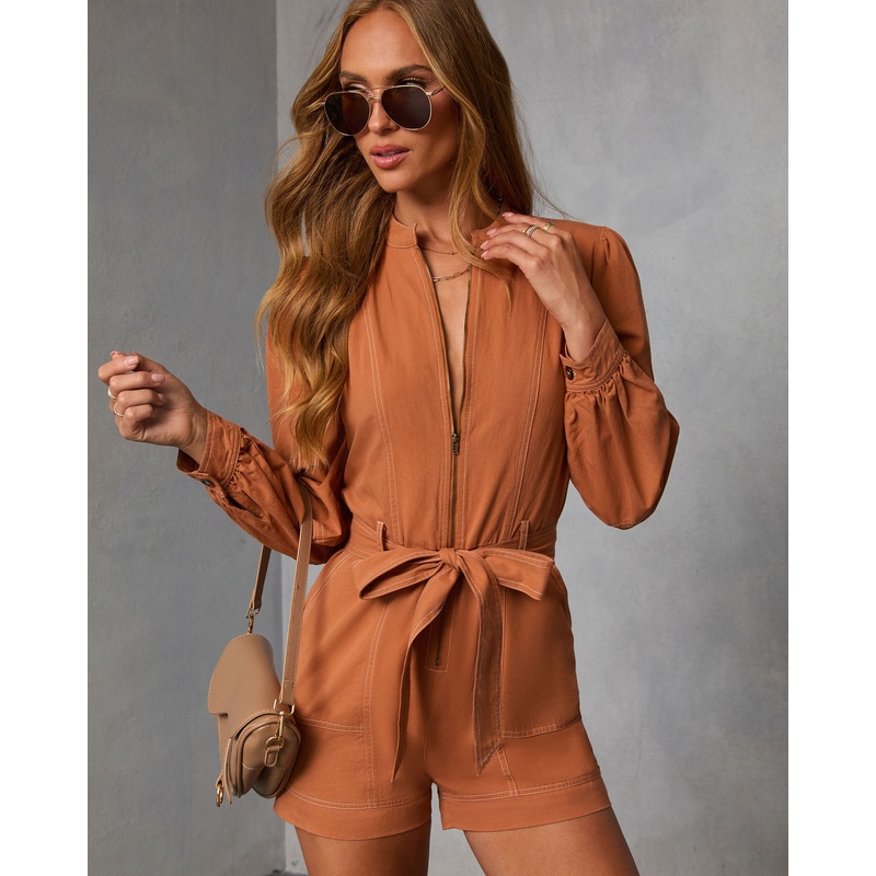 Ardena Twill Belted Romper Rust XS