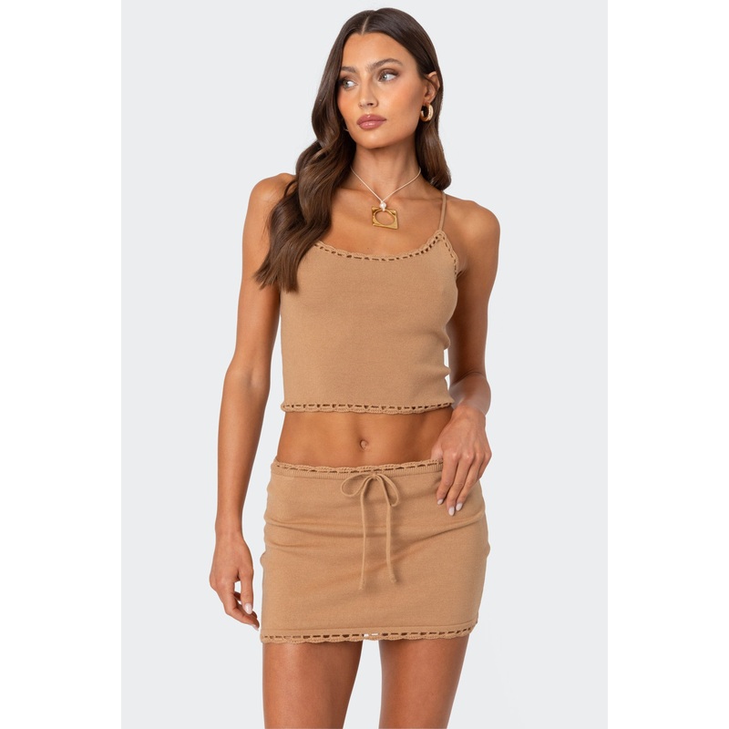 Crochet Trim Knit Tank Top MOCHA XS