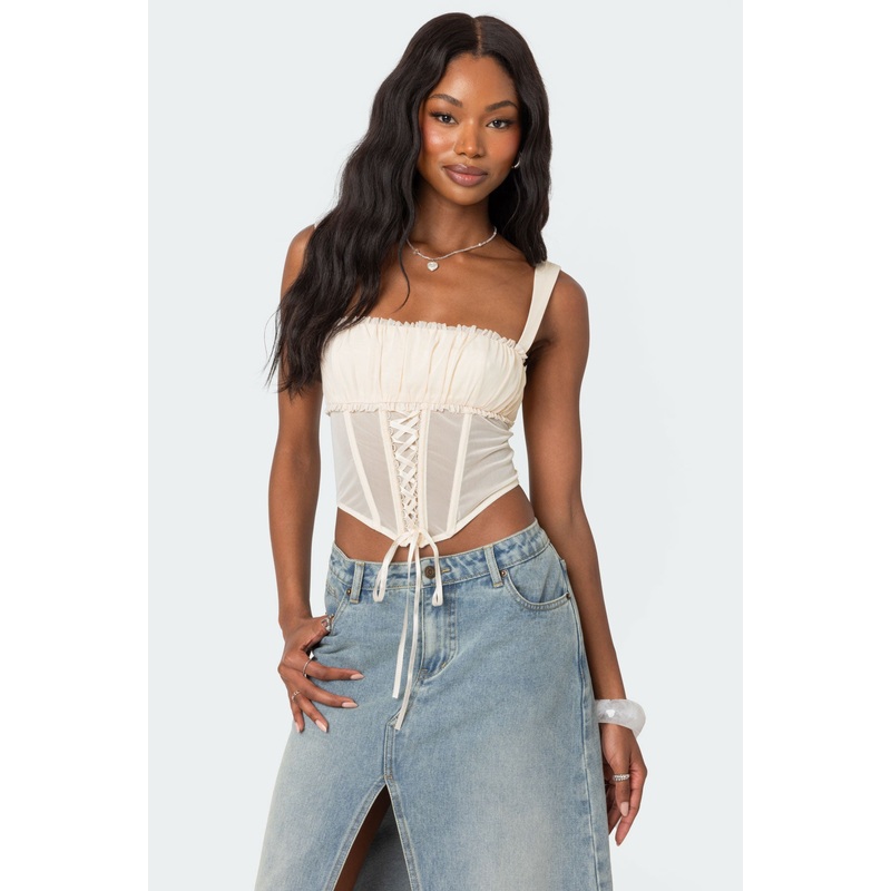 Dafne Gathered Sheer Mesh Corset BEIGE XS