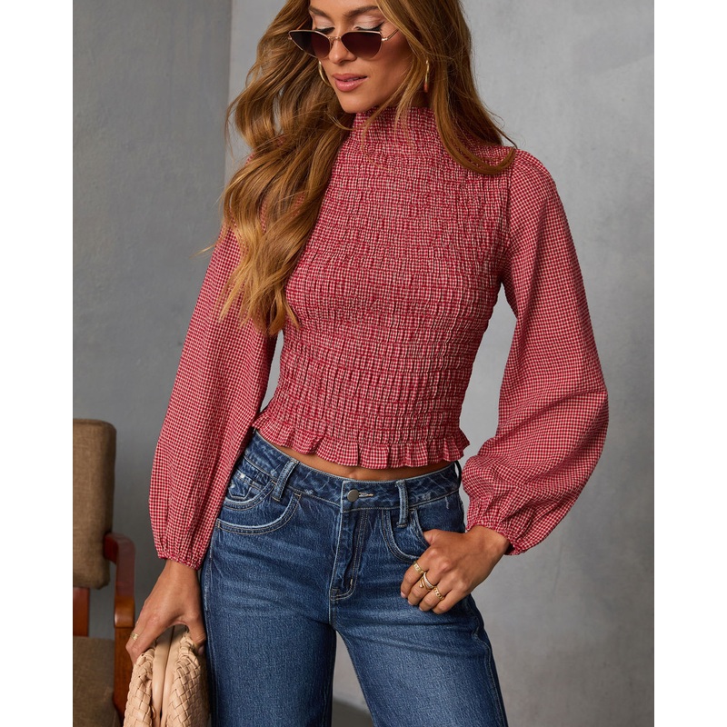 Emberlin Smocked Mock Neck Top Red XS