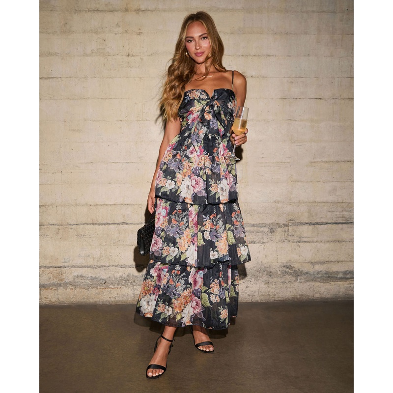Ivresse Printed Tiered Maxi Dress Black Multi S
