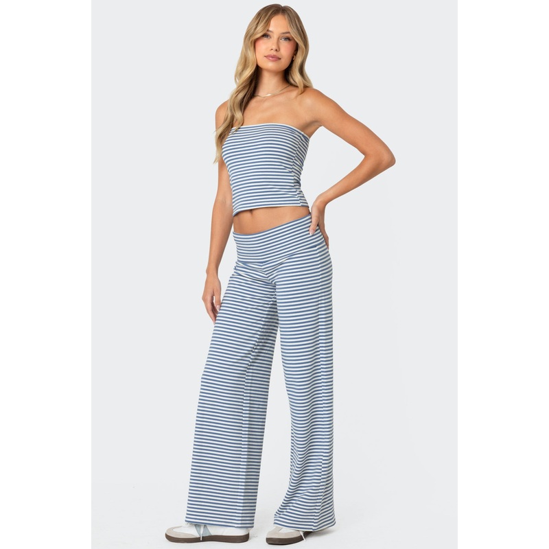Lilah Striped Fold Over Pants BLUE AND WHITE XS