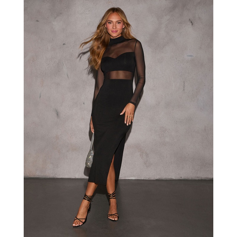 Monroe Sheer Mock Neck Midi Dress Black XS