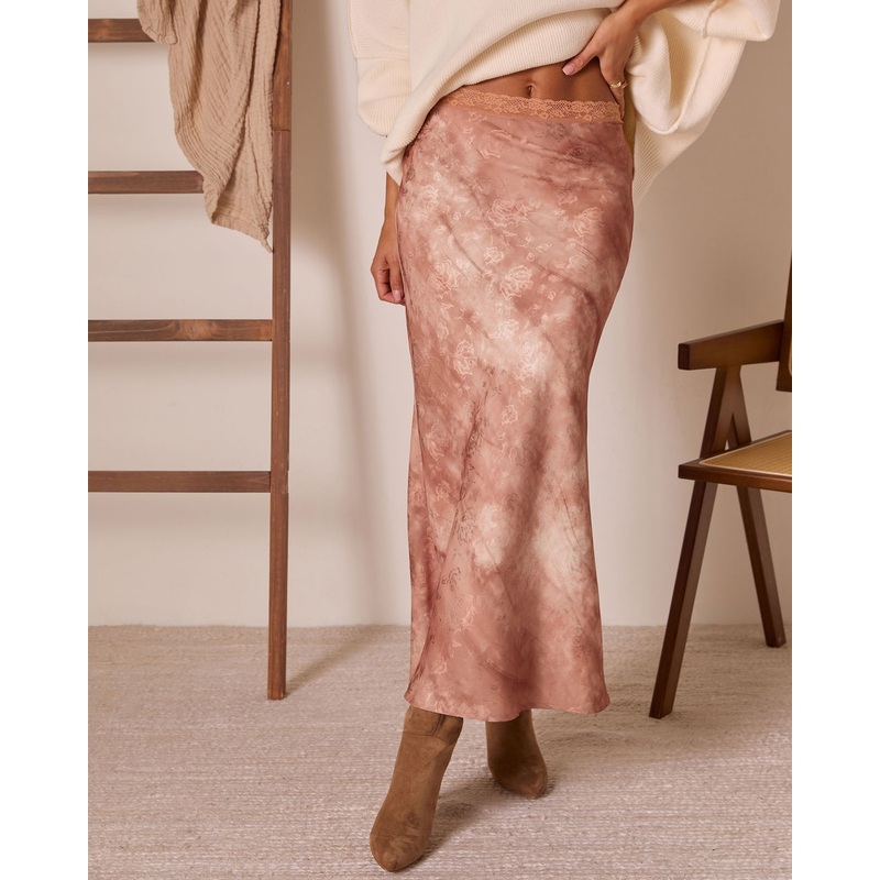 Rogue Bloom Satin Jacquard Printed Maxi Skirt Blush S