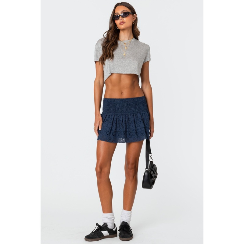 Scrunchy Ruffled Eyelet Mini Skirt DARK BLUE XS