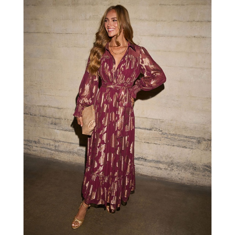 Vionette Printed Wrap Tie Maxi Dress Burgundy XS