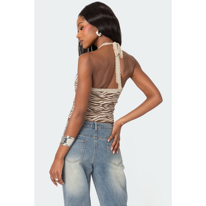 Zebra Printed Halter Top BEIGE XS