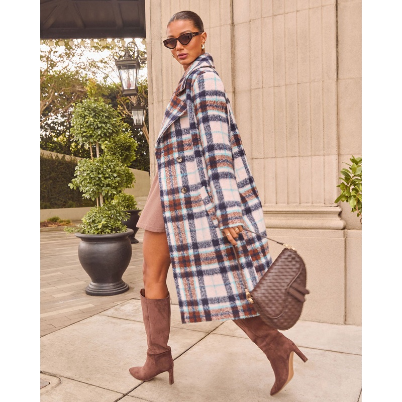 Corn Maze Plaid Longline Coat Grey Multi XS