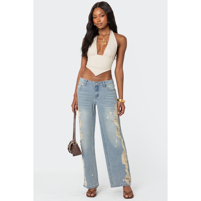 Distressed Sides Washed Jeans LIGHT BLUE XS