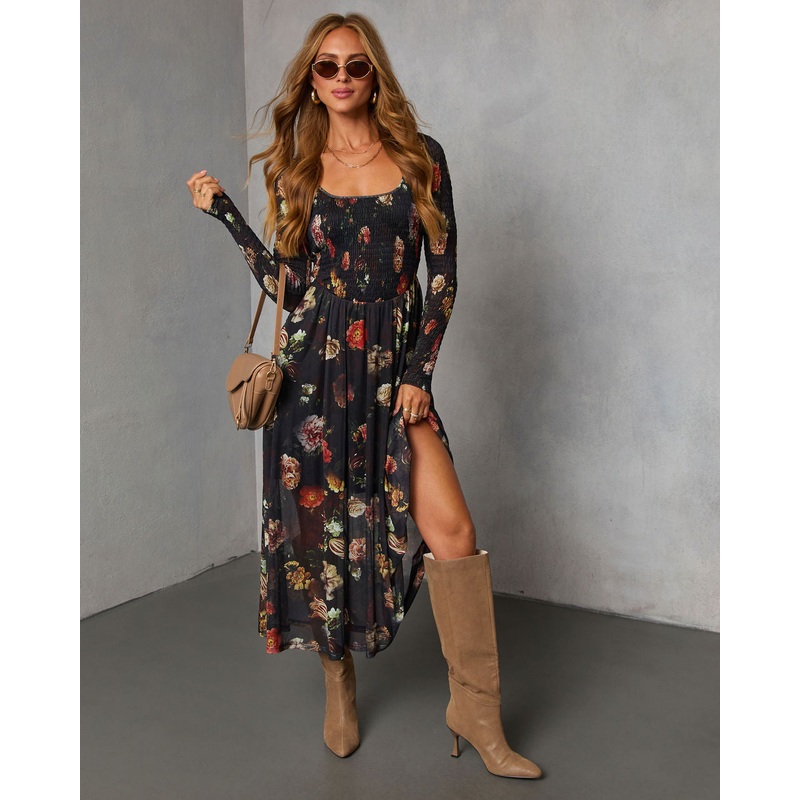 Dried Bloom Printed Maxi Dress Black Floral XS