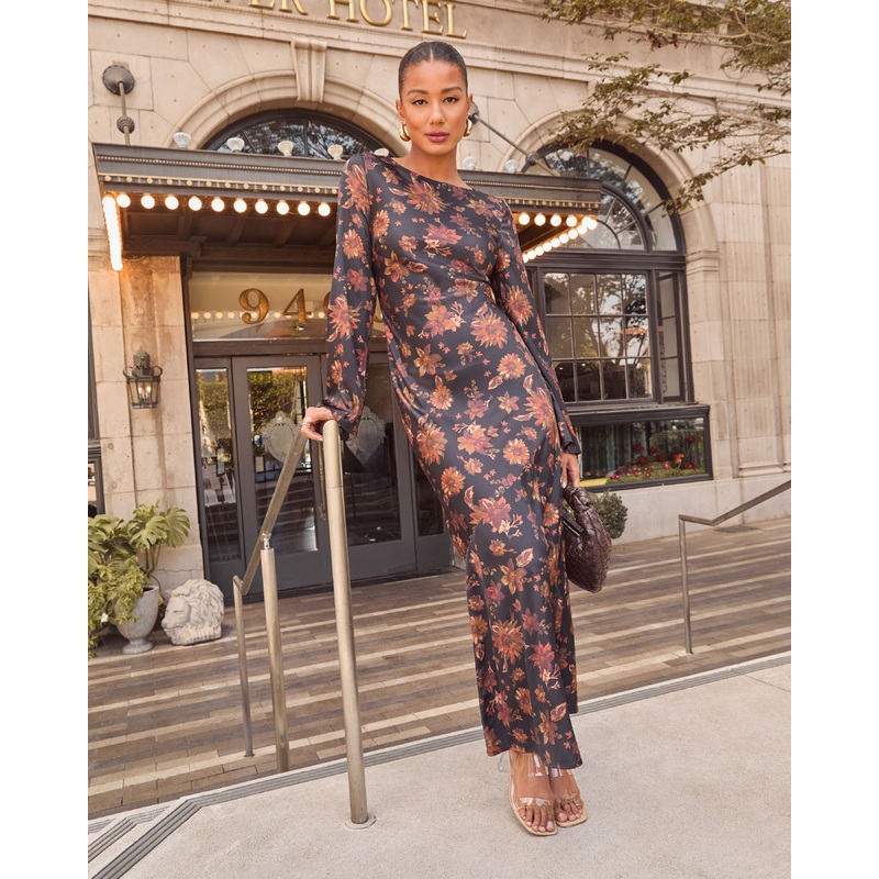 Fallen Leaves Printed Maxi Dress Black Floral XS