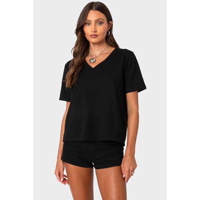 Loose Fit V Neck T Shirt BLACK XS