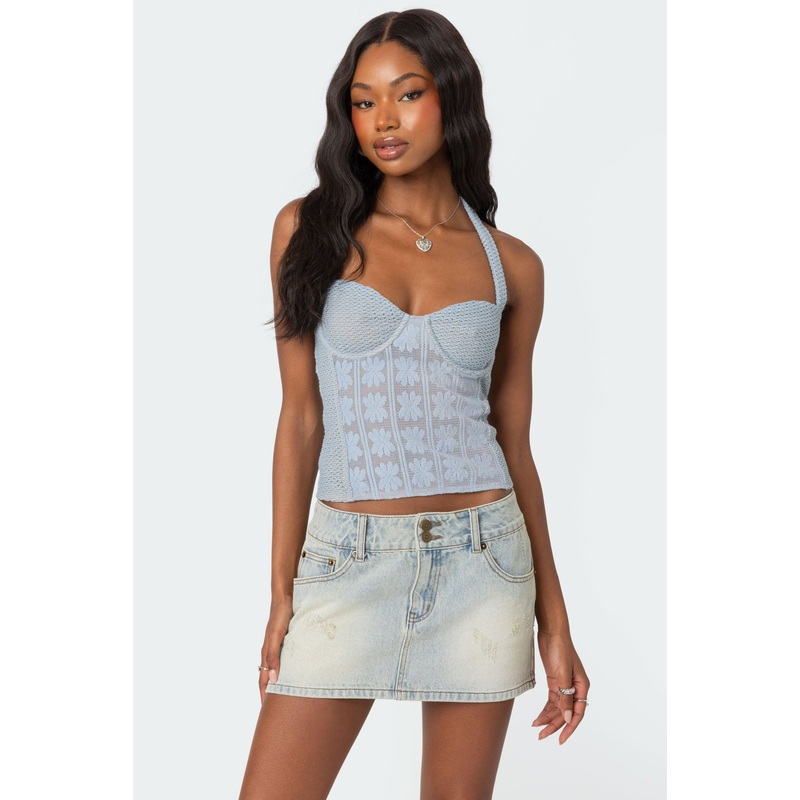 Mixed Crochet Cupped Top BLUE XS