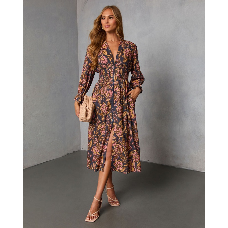 Spiced Orchard Abstract Print Midi Dress Brown Print XS