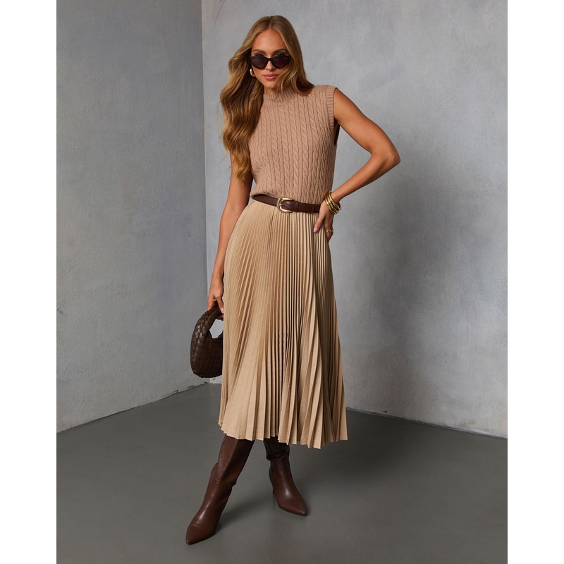 Vionette Pleated Midi Skirt Taupe XS
