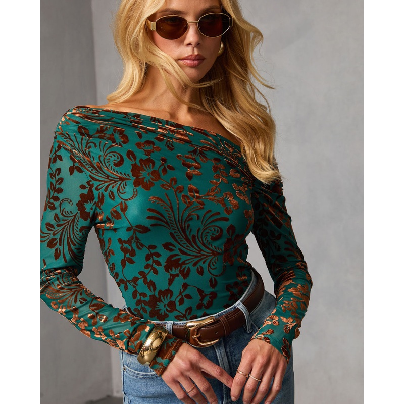 Ashen Lark Flocked Off The Shoulder Top Green Multi S