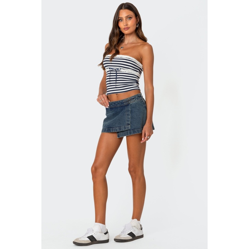 Asymmetric Denim Wrap Skort BLUE XS