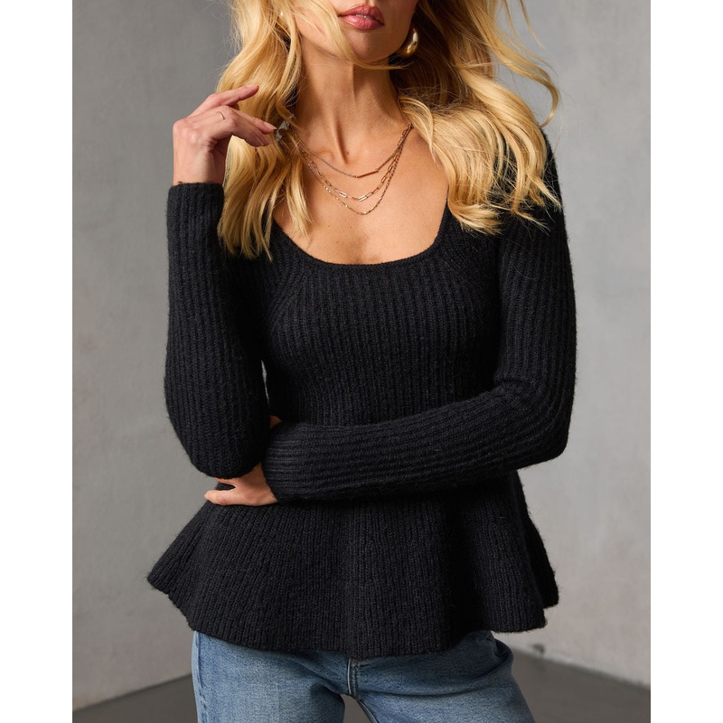 Briselle Ribbed Knit Peplum Sweater Black S