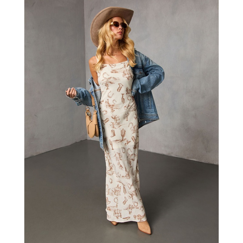 Bronco Breeze Western Print Maxi Dress Cream Print S