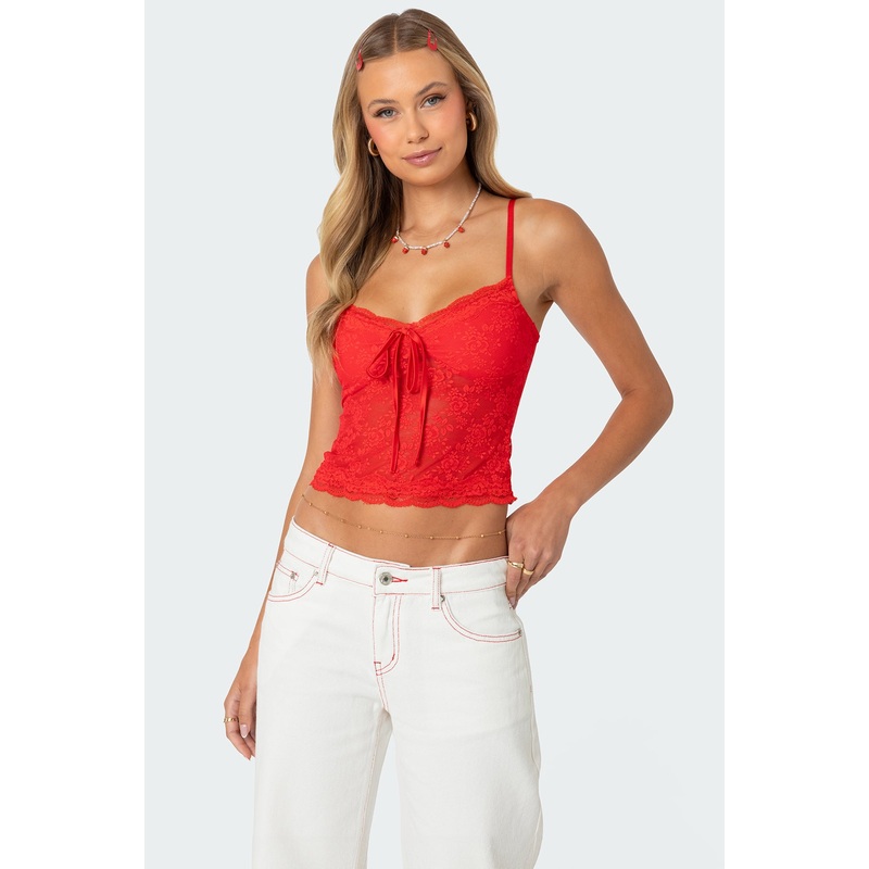 Cami Sheer Lace Tank Top RED XS