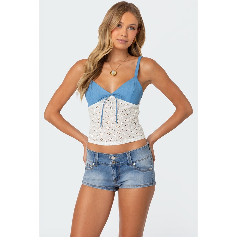 Denim & Eyelet Tank Top BLUE AND WHITE XS