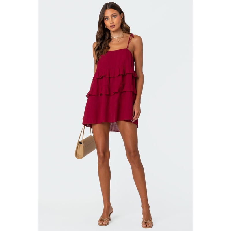Dorothia Sheer Linen Look Mini Dress BURGUNDY XS