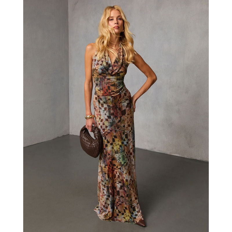 Edge Theory Printed Halter Maxi Dress Brown Multi S