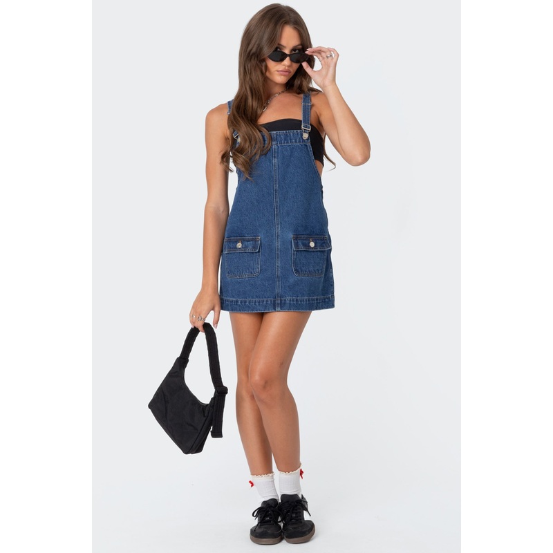 Overall Denim Mini Dress BLUE WASHED XS