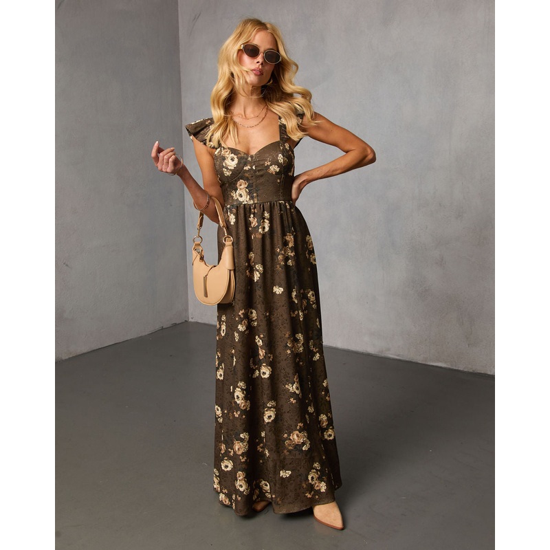 Prairie Reverie Printed Midi Dress Brown Floral S