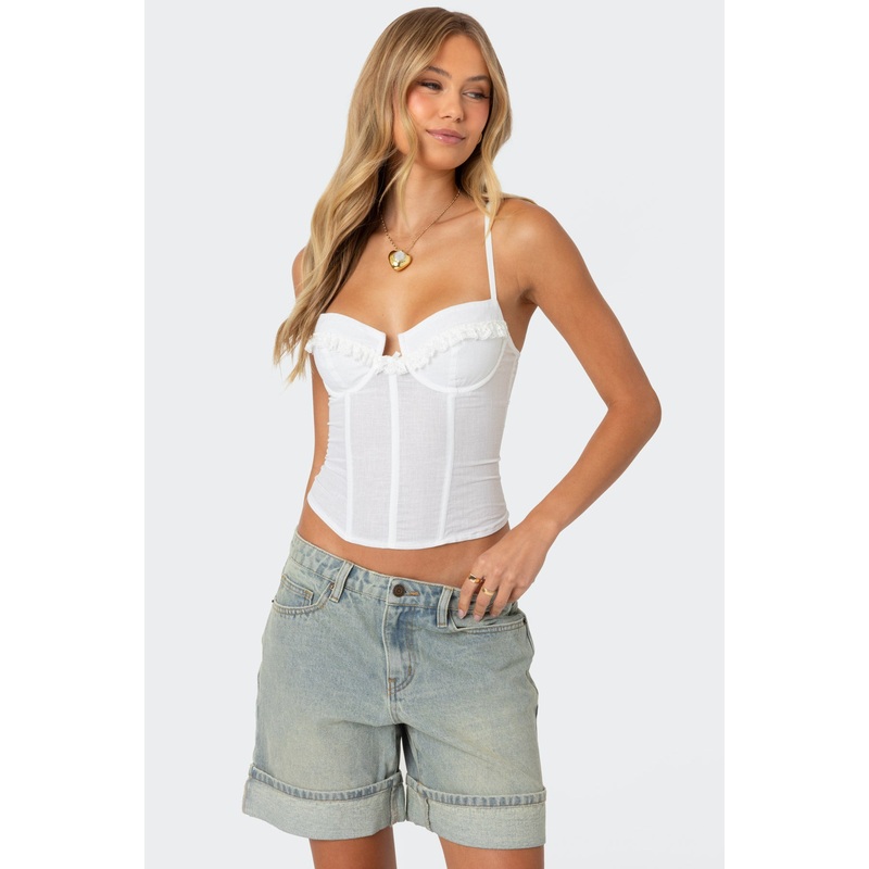 Semi Sheer Linen Look Corset WHITE XS